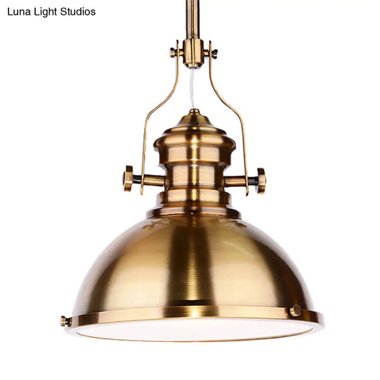 Antique-Style Metal Dome Pendant Light With Frosted Diffuser In Brass