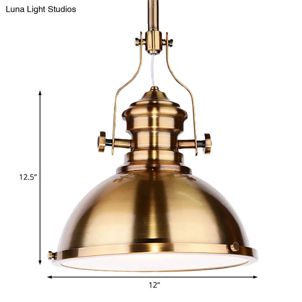 Antique-Style Metal Dome Pendant Light With Frosted Diffuser In Brass