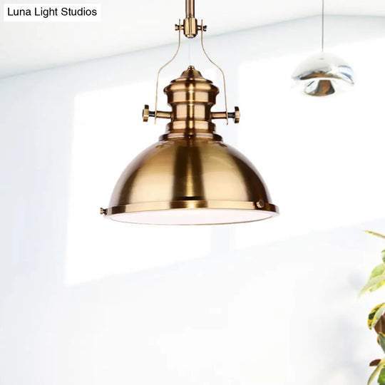 Antique-Style Metal Dome Pendant Light With Frosted Diffuser In Brass