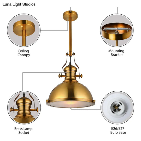 Antique-Style Metal Dome Pendant Light With Frosted Diffuser In Brass