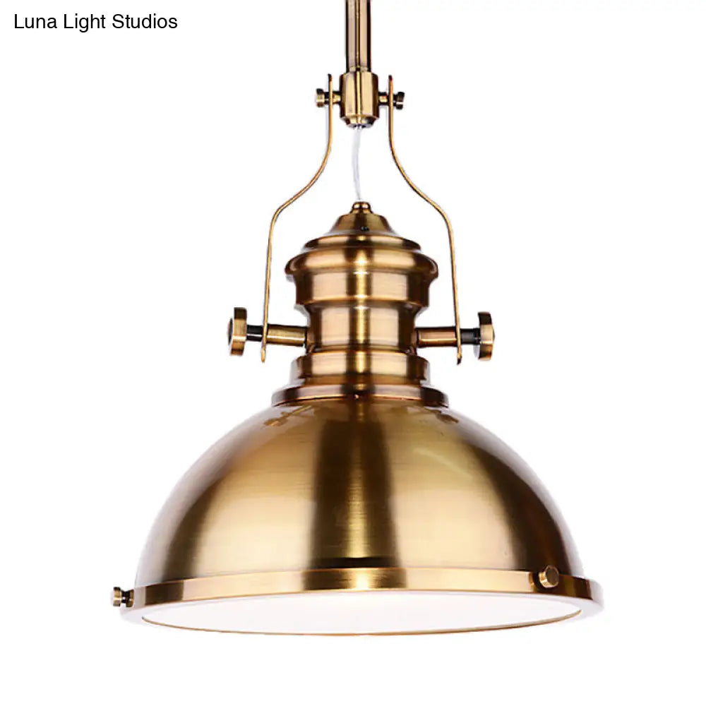 Antique Brass Pendant Light With Frosted Diffuser - Vintage Style Metal Dome Shade 1-Light Hanging