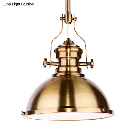 Antique Brass Pendant Light With Frosted Diffuser - Vintage Style Metal Dome Shade 1-Light Hanging