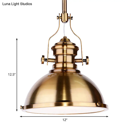 Antique Brass Pendant Light With Frosted Diffuser - Vintage Style Metal Dome Shade 1-Light Hanging