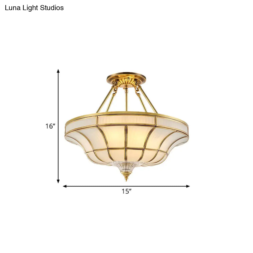 Antique Brass Semi Flush Ceiling Mount Light With Curved Frosted Glass - 3/6 Lights 16’/19.5’