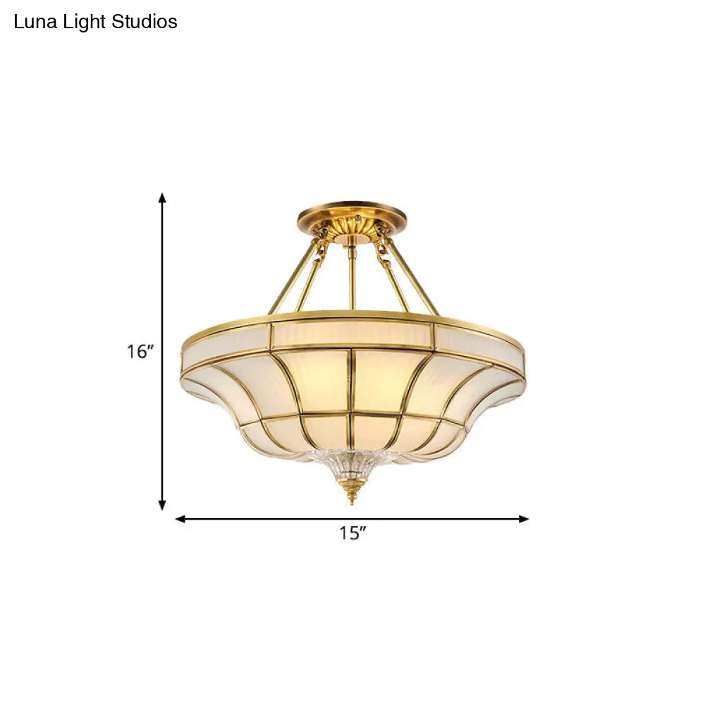 Antique Brass Semi Flush Ceiling Mount Light With Curved Frosted Glass - 3/6 Lights 16/19.5 Wide