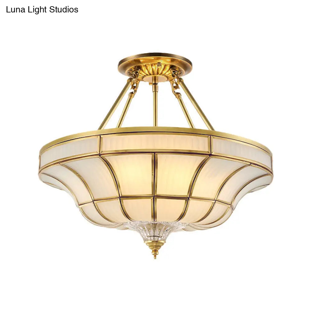 Antique Brass Semi Flush Ceiling Mount Light With Curved Frosted Glass - 3/6 Lights 16’/19.5’