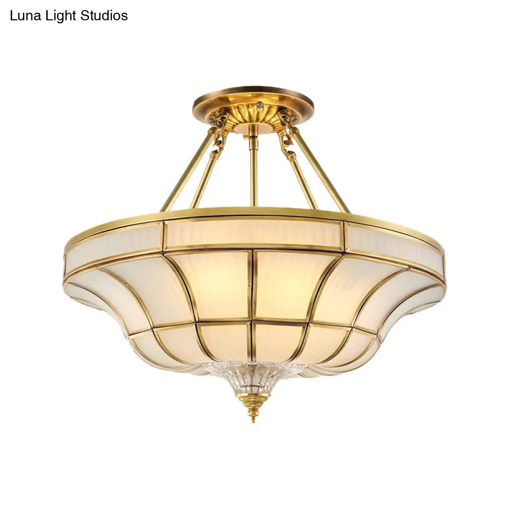 Antique Brass Semi Flush Ceiling Mount Light With Curved Frosted Glass - 3/6 Lights 16/19.5 Wide