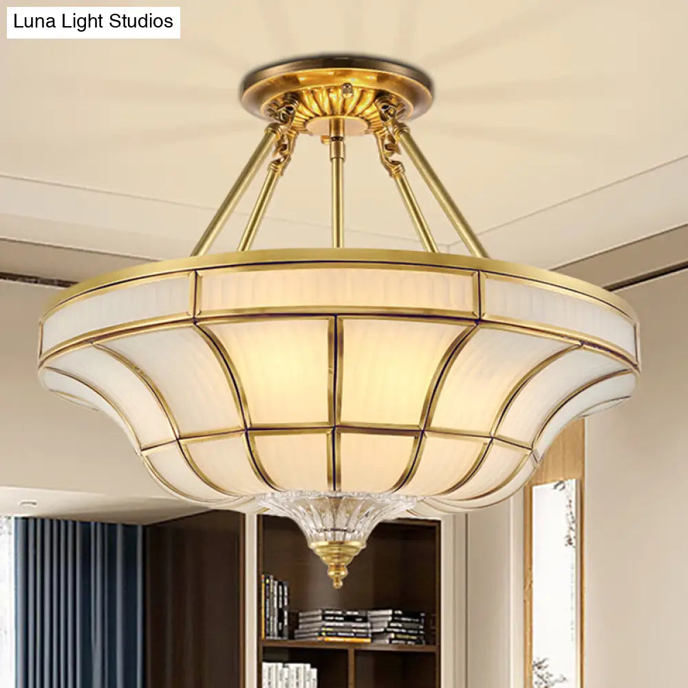 Antique Brass Semi Flush Ceiling Mount Light With Curved Frosted Glass - 3/6 Lights 16/19.5 Wide