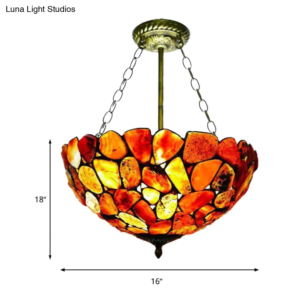 Antique Brass Semi Flush Mount Stone Ceiling Lamp With Bowl Shade - 3 Lights Mediterranean Style