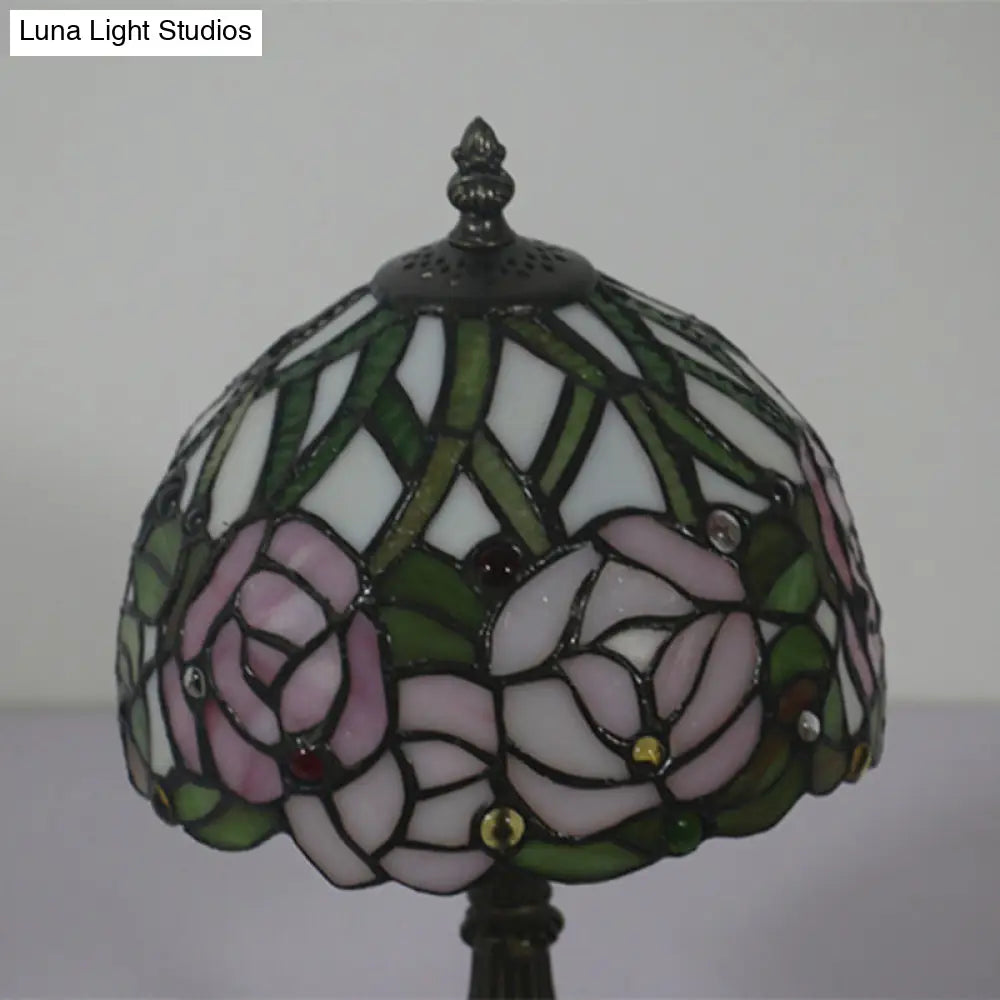 Antique Brass Single Head Night Table Lamp With Mediterranean Stained Glass In Pink Rose/Red