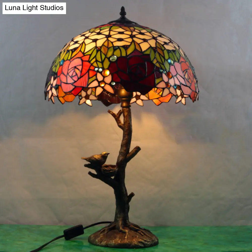 Antique Brass Single Light Nightstand Lamp With Stained Glass Rose Dragonfly And Victorian Design