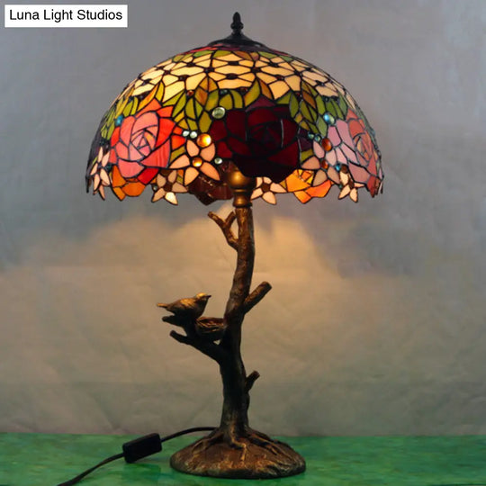 Antique Brass Single Light Nightstand Lamp With Stained Glass Rose Dragonfly And Victorian Design