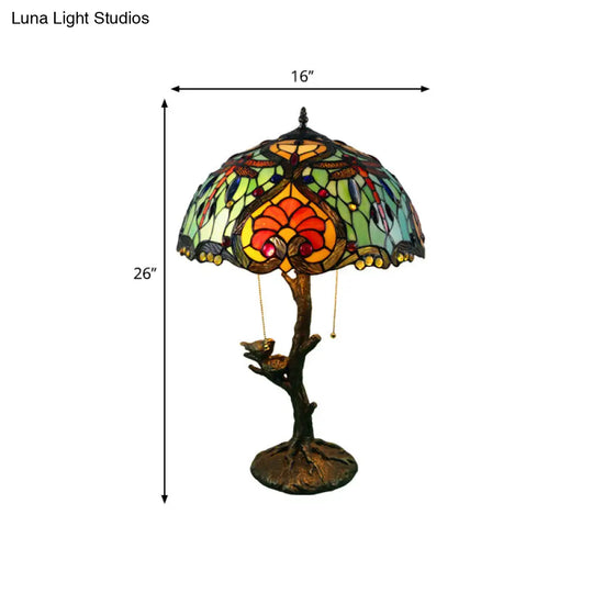 Antique Brass Single Light Nightstand Lamp With Stained Glass Rose Dragonfly And Victorian Design