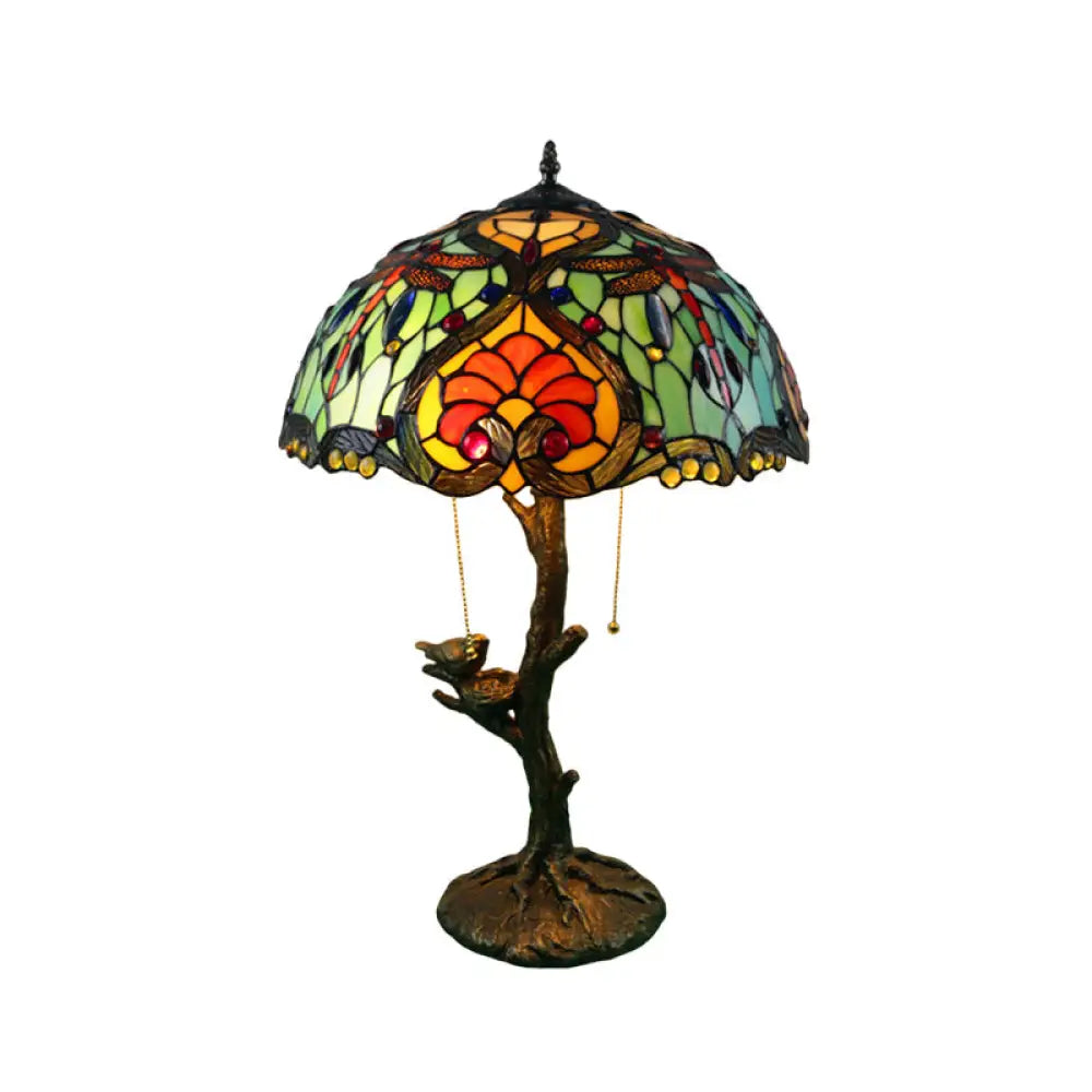 Antique Brass Single Light Nightstand Lamp With Stained Glass Rose Dragonfly And Victorian Design