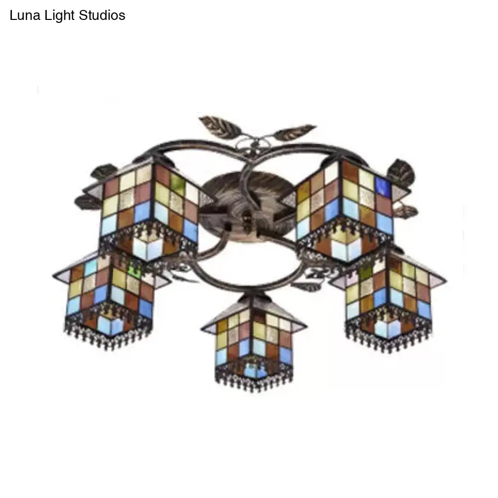 Antique Brass Stained Glass Ceiling Light - Cube Semi Flush Mount With Leaf Decoration Tiffany Style