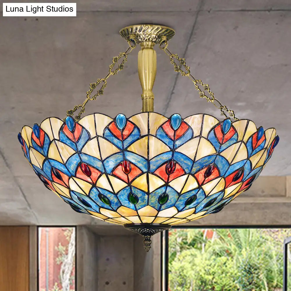 Antique Brass Semi-Flush Mount Stained Glass Ceiling Light With Tiffany Jeweled Design - 4 Lights