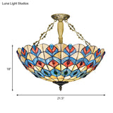 Antique Brass Stained Glass Tiffany Ceiling Light With Jeweled Semi Flush Mount - 4 Lights