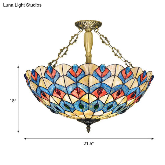 Antique Brass Semi-Flush Mount Stained Glass Ceiling Light With Tiffany Jeweled Design - 4 Lights