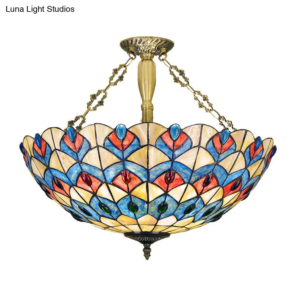 Antique Brass Stained Glass Tiffany Ceiling Light With Jeweled Semi Flush Mount - 4 Lights