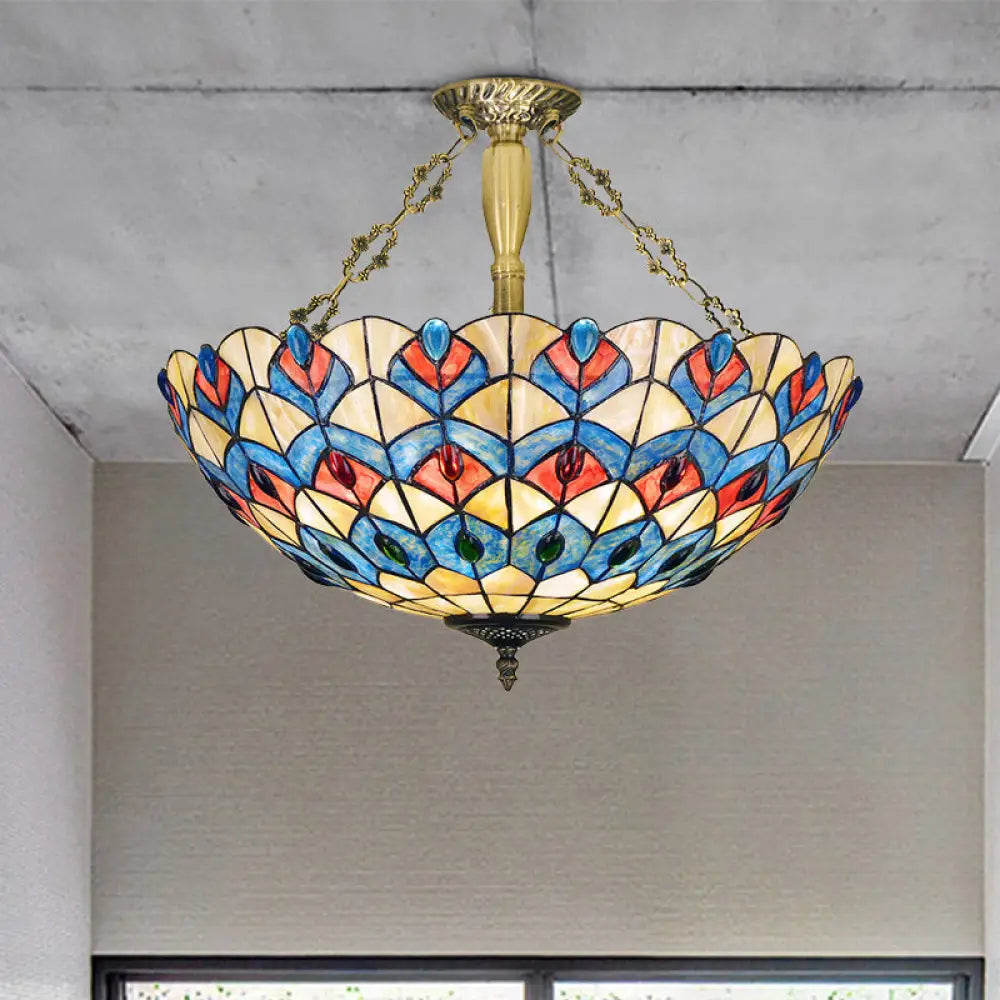 Antique Brass Stained Glass Tiffany Ceiling Light With Jeweled Semi Flush Mount - 4 Lights