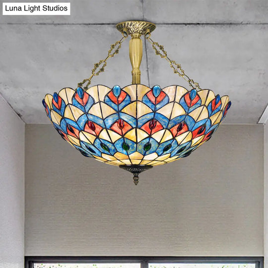 Antique Brass Semi-Flush Mount Stained Glass Ceiling Light With Tiffany Jeweled Design - 4 Lights