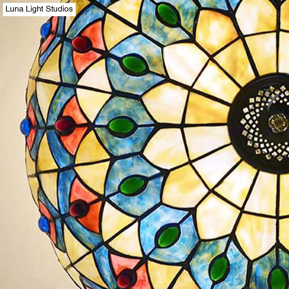 Antique Brass Semi-Flush Mount Stained Glass Ceiling Light With Tiffany Jeweled Design - 4 Lights