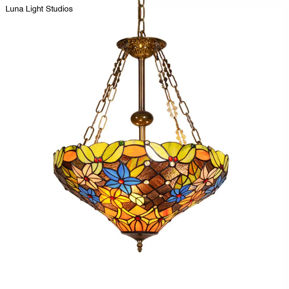 Antique Brass Floral Hanging Chandelier - Stained Glass Tiffany Lodge Light With 3 Bulbs