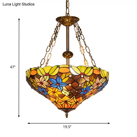 Antique Brass Stained Glass Tiffany Lodge Ceiling Chandelier With Floral Hanging Light Fixture - 3