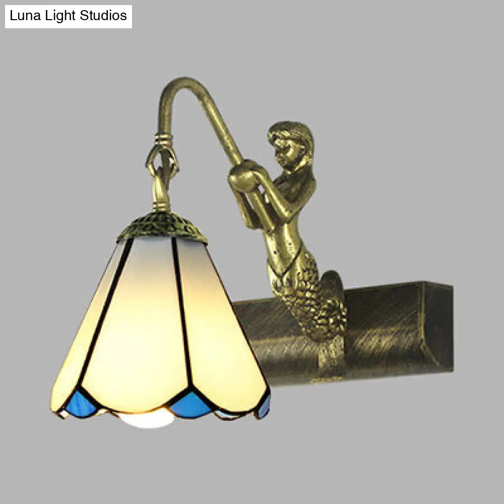 Antique Brass Tiffany Sconce Light With Cone Glass Shade For Bathroom Wall