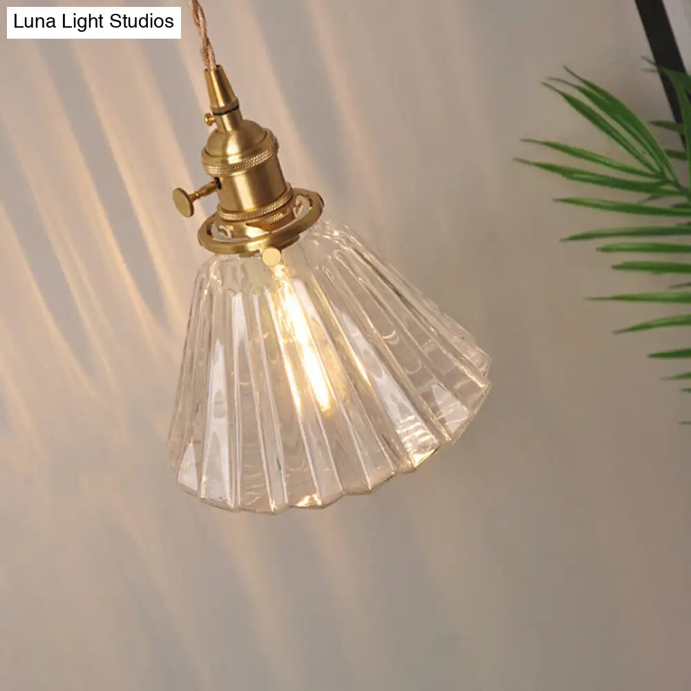 Antique Brass Wall Hanging Lamp With Clear Prismatic/Wavy Glass Bedside Lighting Rotary Switch