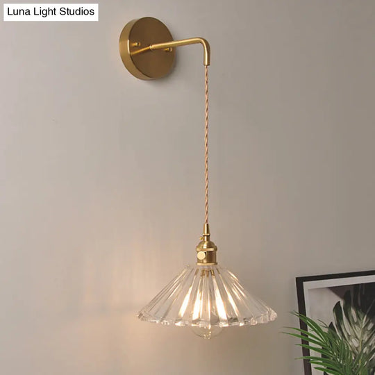 Antique Brass Wall Hanging Lamp With Clear Prismatic/Wavy Glass Bedside Lighting Rotary Switch