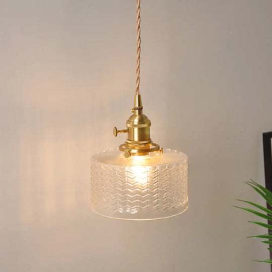 Antique Brass Wall Hanging Lamp With Clear Prismatic/Wavy Glass Bedside Lighting Rotary Switch / E