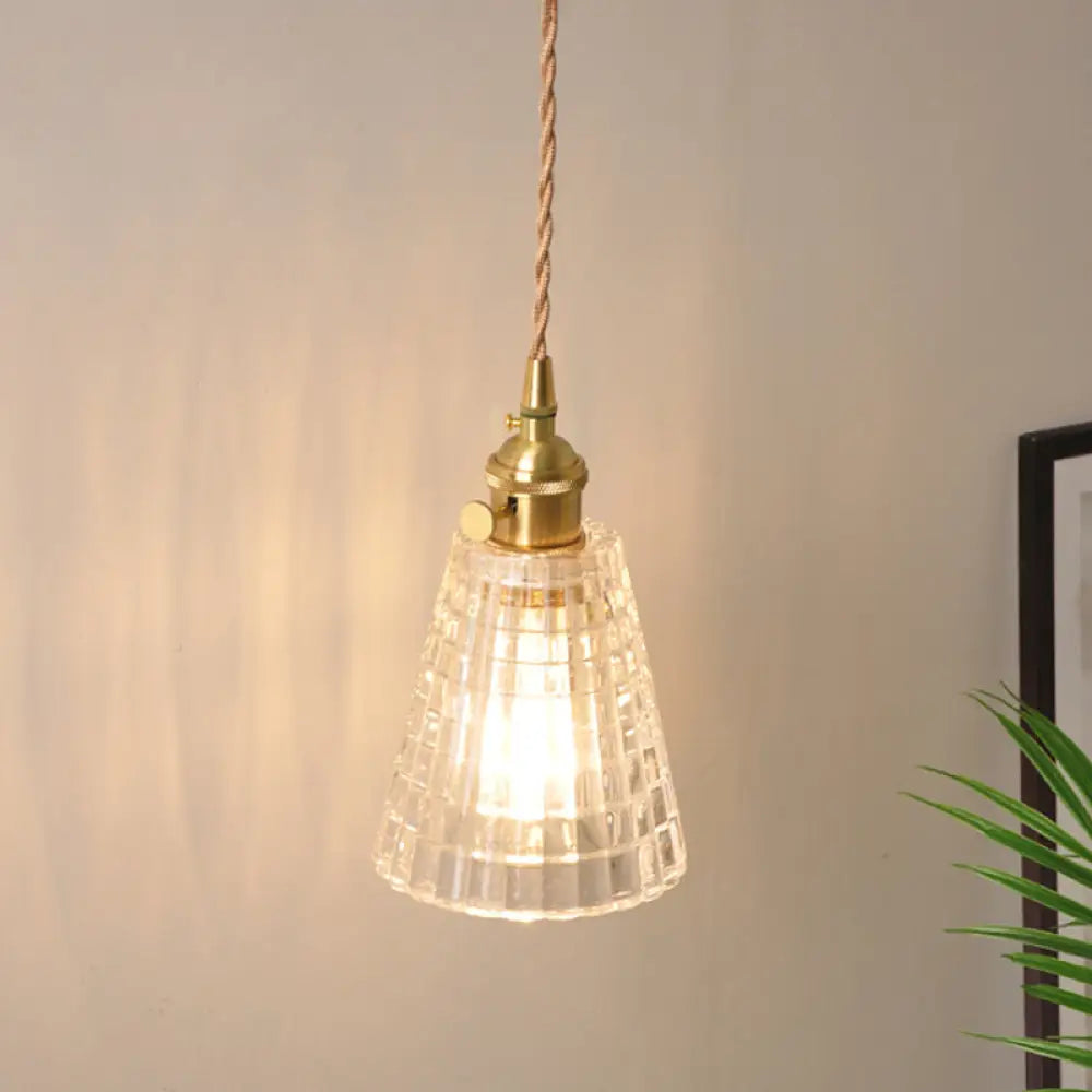 Antique Brass Wall Hanging Lamp With Clear Prismatic/Wavy Glass Bedside Lighting Rotary Switch / F