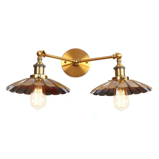 Antique Brass Wall Lamp With Dual Head And Adjustable Joint - Iron Horn/Scalloped/Cone Shade