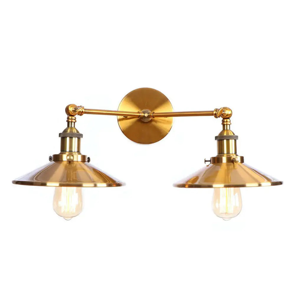 Antique Brass Wall Lamp With Dual Head And Adjustable Joint - Iron Horn/Scalloped/Cone Shade