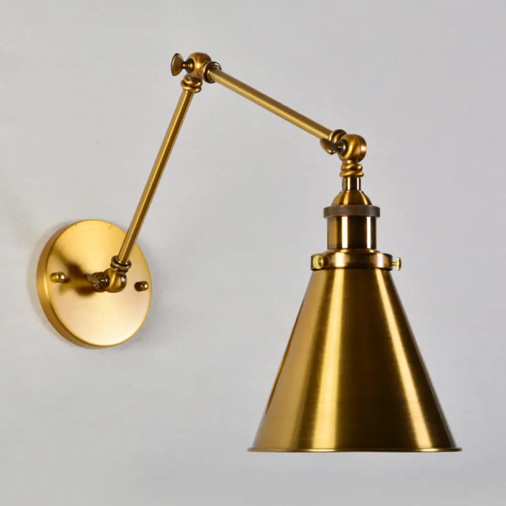 Antique Brass Wall Light With Flexible Swivel Arm And Conic Mount - 1 Bulb Fixture