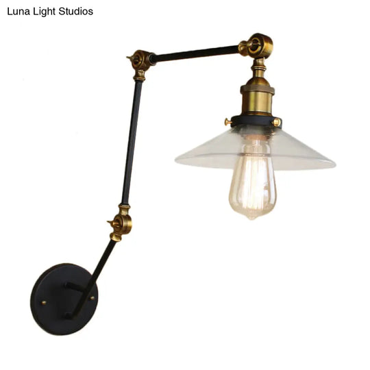 Antique Brass Wide Flare Wall Sconce Light With Clear Glass - Ideal For Coffee Shops