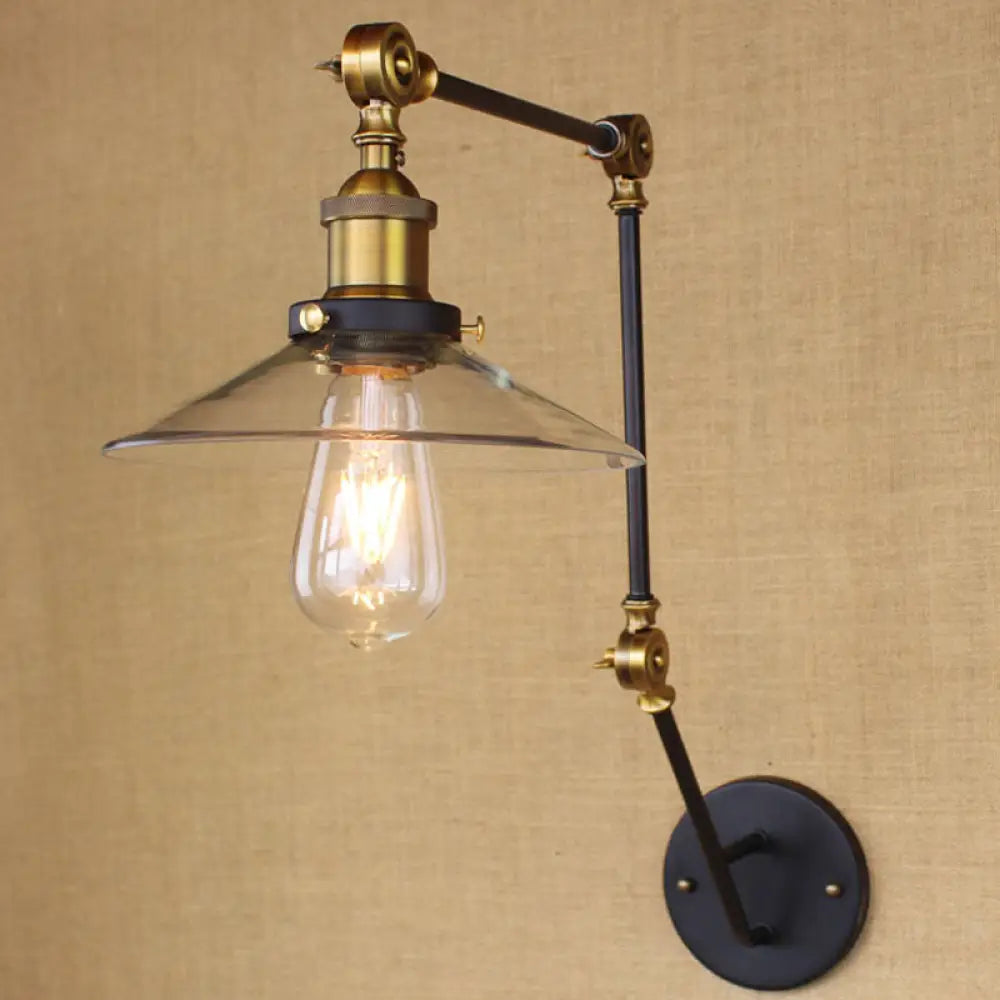 Antique Brass Wide Flare Wall Sconce Light With Clear Glass - Ideal For Coffee Shops