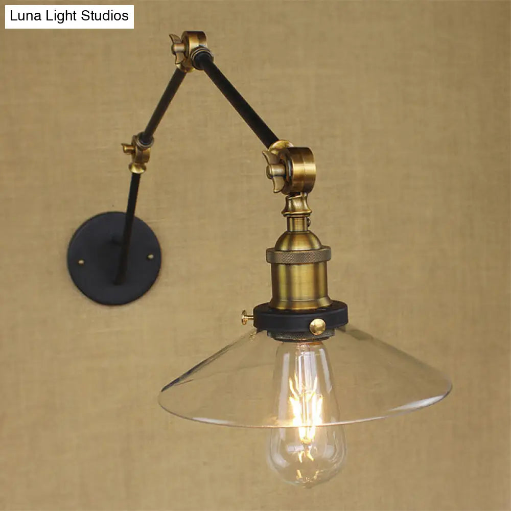 Antique Brass Wide Flare Wall Sconce Light With Clear Glass - Ideal For Coffee Shops