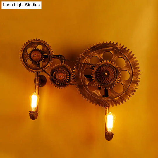 Antique Bronze 2-Light Industrial Gear Sconce Metal Wall Lamp