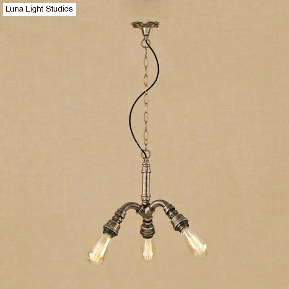 Bronze Antique 3-Light Farmhouse Chandelier With Open Bulbs And Pipe Accent - Stylish Hanging