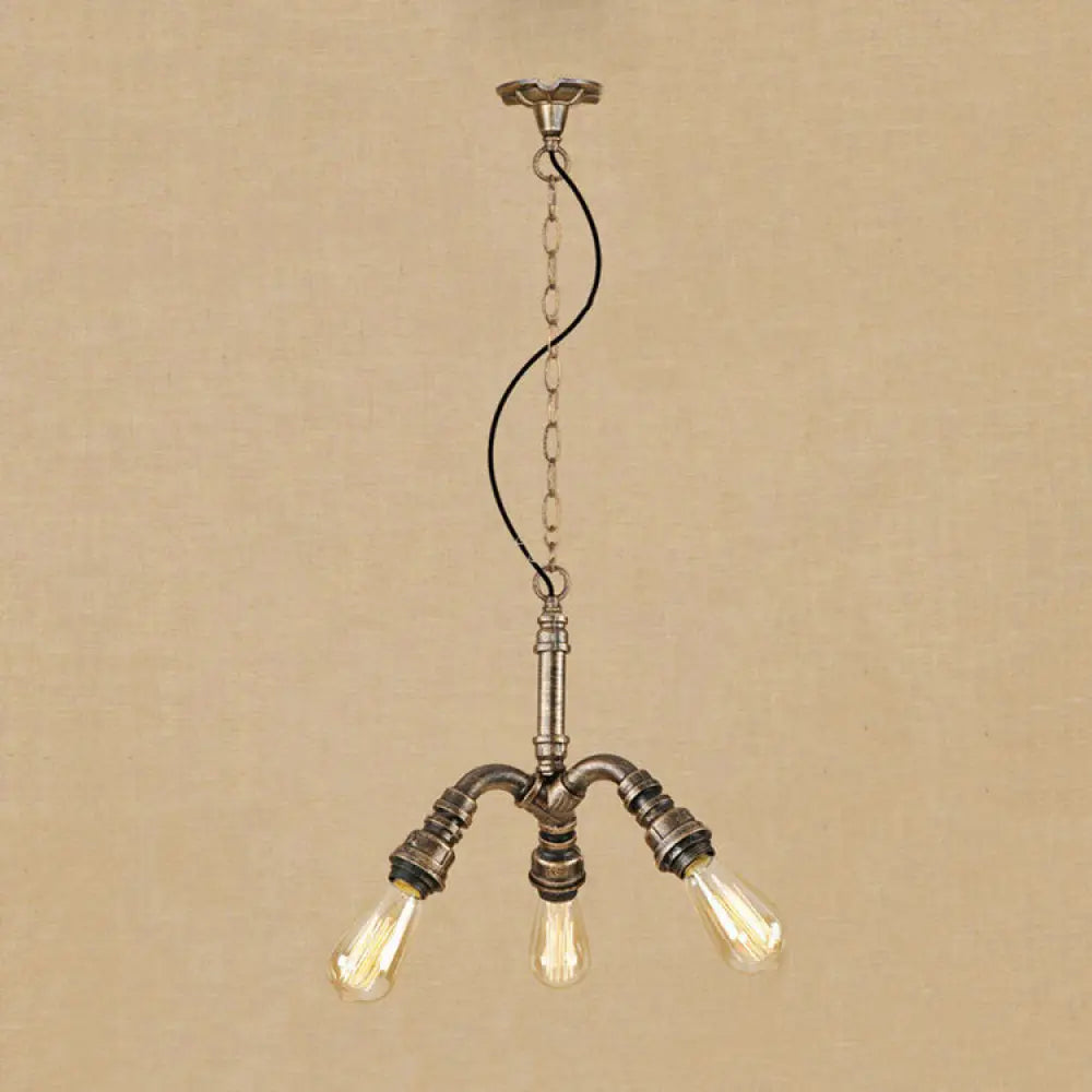 Antique Bronze 3-Light Open Bulb Chandelier - Farmhouse Hanging Fixture With Stylish Pipe Design