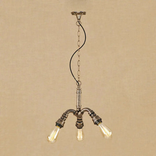 Antique Bronze 3-Light Open Bulb Chandelier - Farmhouse Hanging Fixture With Stylish Pipe Design