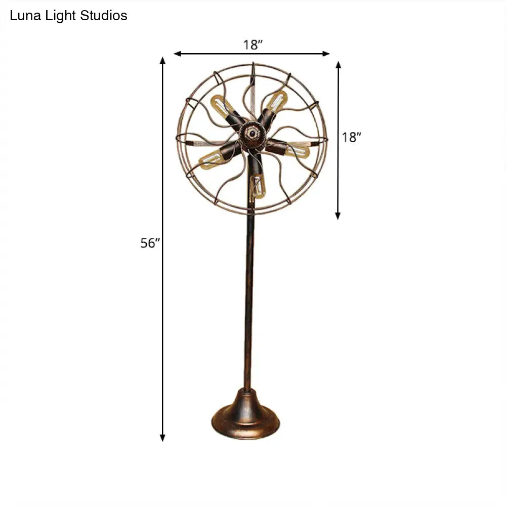 Antique Bronze 5-Light Fan Design Floor Lamp With Cage Shade - Rustic Loft Wrought Iron Indoor