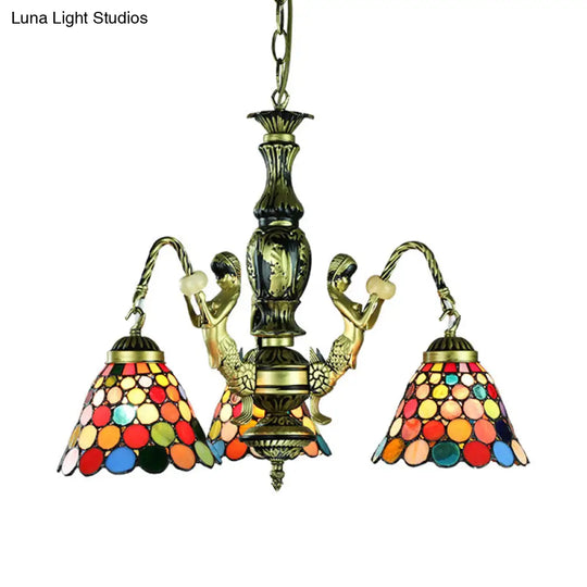 Antique Bronze Bell Chandelier Lamp With Tiffany Stained Glass 3 Lights And Mermaid Arm