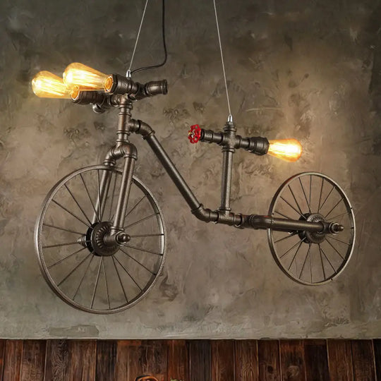 Antique Bronze Bicycle Pendant Lighting - 3-Light Indoor Ceiling Fixture With Pipe Design