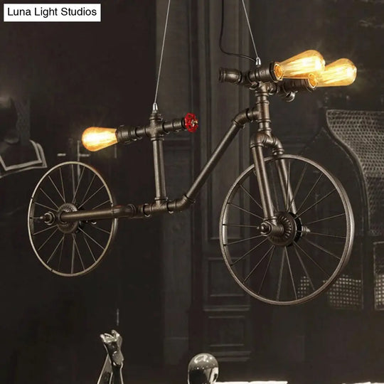 Antique Bronze Bicycle Pendant Light With Pipe Design - 3 Indoor Lights
