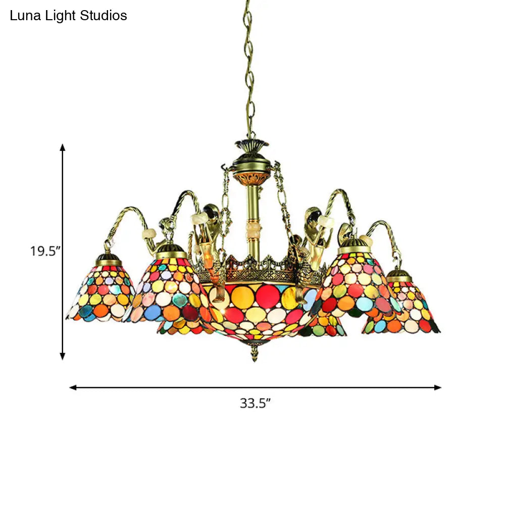 Antique Bronze Conical Pendant Light - Tiffany Style Stained Glass Chandelier With 9/11 Lights