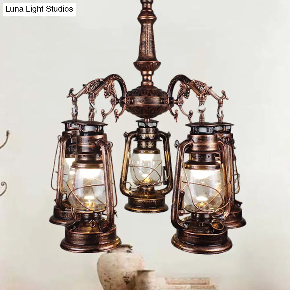 Antique Bronze/Copper Glass Pendant Chandelier - 5 Lights Stylish Kerosene-Inspired Fixture For