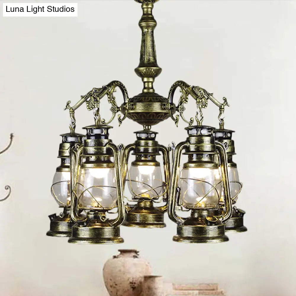 Antique Bronze/Copper Kerosene Pendant Chandelier With Clear Glass - 5 Lights Stylish Ceiling